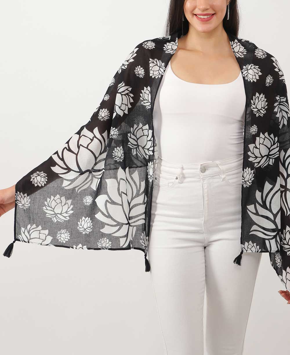 Story of 100 Lotuses Artistic Scarf - Scarves Black