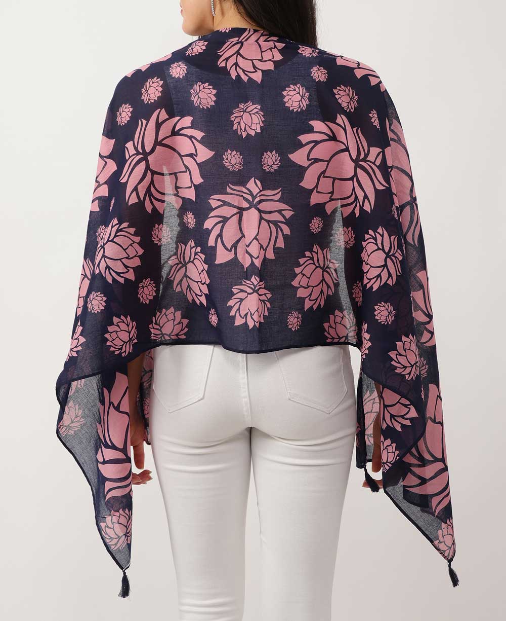 Story of 100 Lotuses Artistic Scarf - Scarves Navy