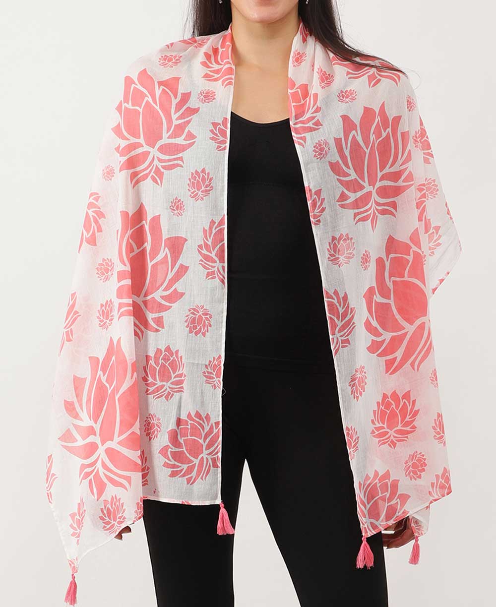 Story of 100 Lotuses Artistic Scarf - Scarves White