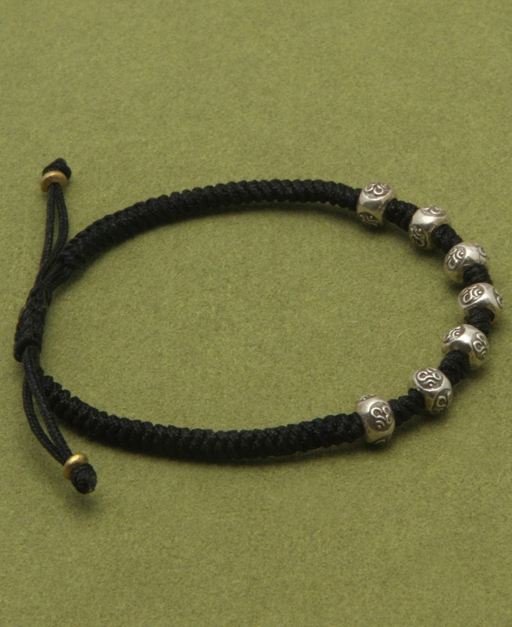 Thai Silver Om Beads Adjustable Bracelet - Bracelets Black
