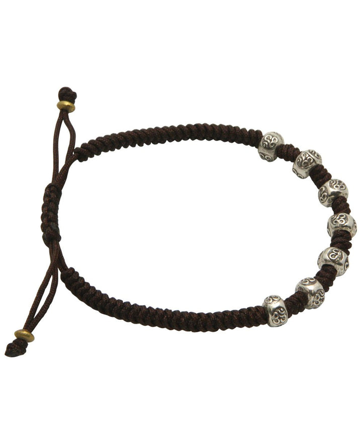 Thai Silver Om Beads Adjustable Bracelet - Bracelets Brown