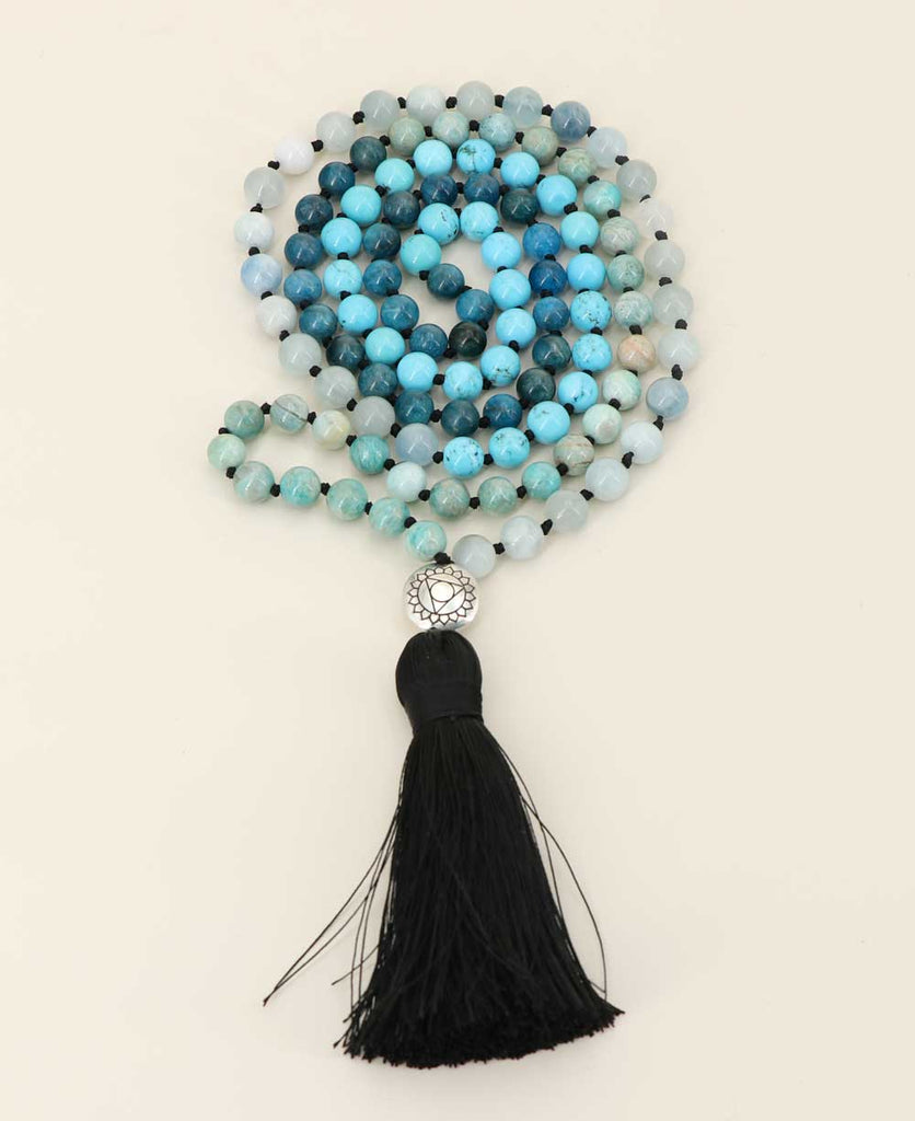 Throat Chakra Gemstones Knotted Mediation Mala, 108 Beads – Buddha Groove
