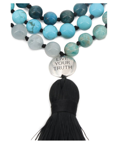 Throat Chakra Gemstones Knotted Mediation Mala, 108 Beads - Prayer Beads