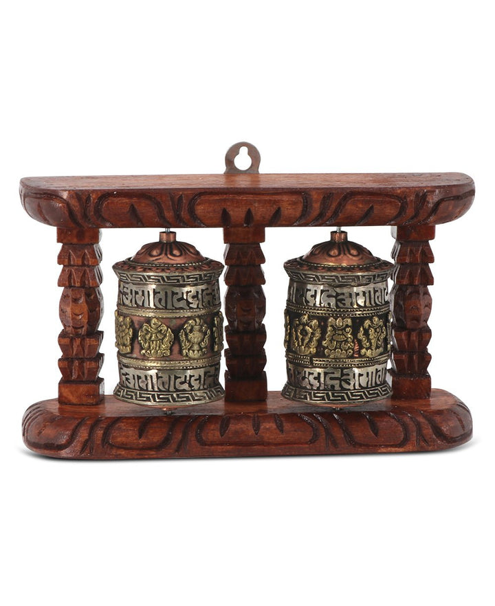 Tibetan Auspicious Symbols Wood Frame Double Prayer Wheel - Religious & Ceremonial