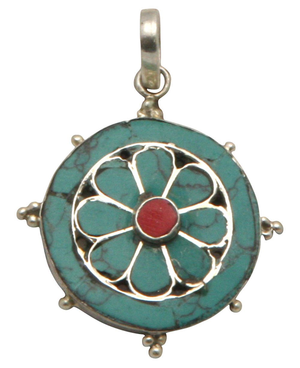 Tibetan Dharma Wheel Pendant with Reconstituted Turquoise - Jewelry