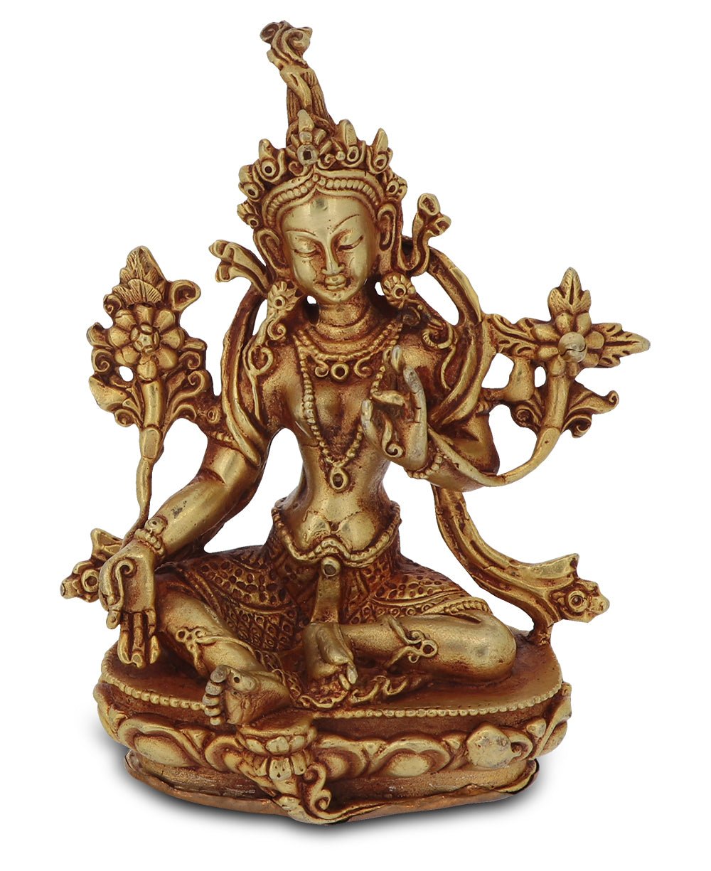 Tibetan Gold Plated Copper Brass Alloy Intricate Green Tara Statue - Sculptures & Statues