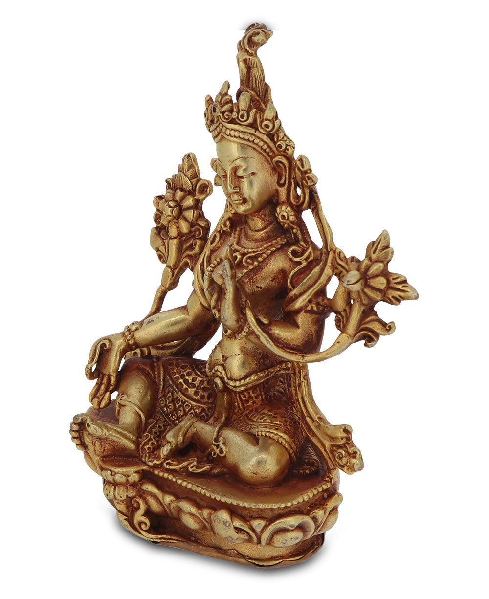 Tibetan Gold Plated Copper Brass Alloy Intricate Green Tara Statue - Sculptures & Statues
