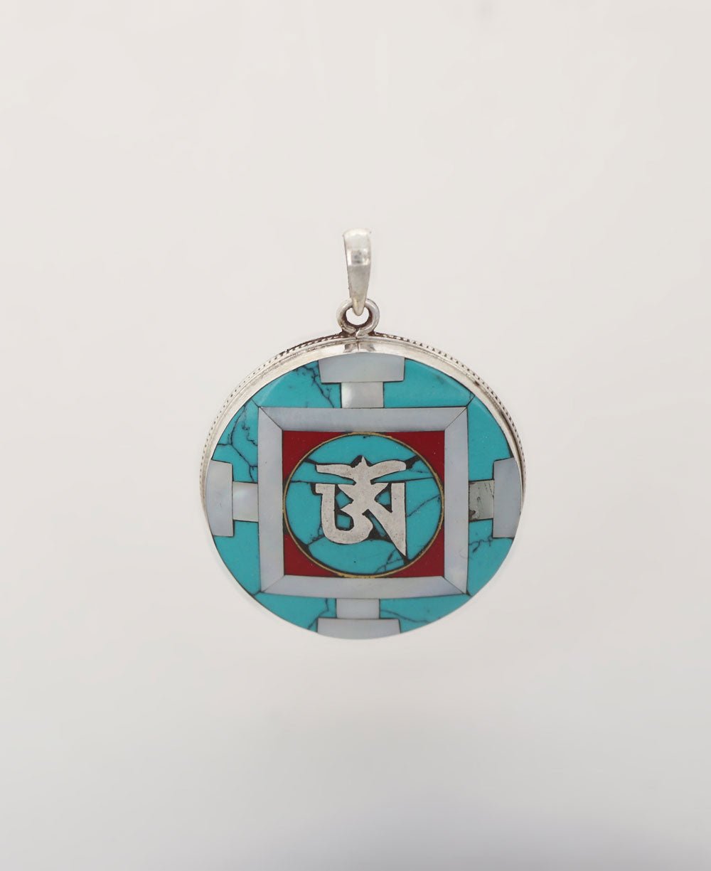 Tibetan Om Sterling Silver Inlay Pendant - Charms & Pendants