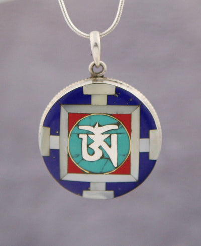 Tibetan Om Yantra Pendant with Sterling Silver and Inlay Work - Charms & Pendants