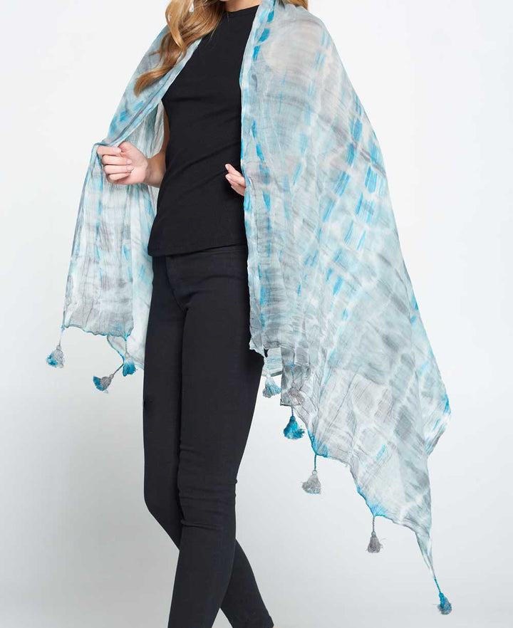 Tie and Dye Summer Cotton Scarf in Grey and Turquoise Tones - Scarves