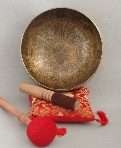Traditional Singing Bowl with Auspicious Symbols and Vajra, Nepal - Hand Bells & Chimes