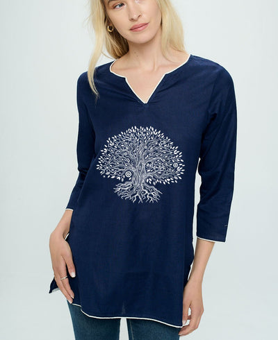 Tree of Life Blue Cotton Tunic Top - Shirts & Tops S