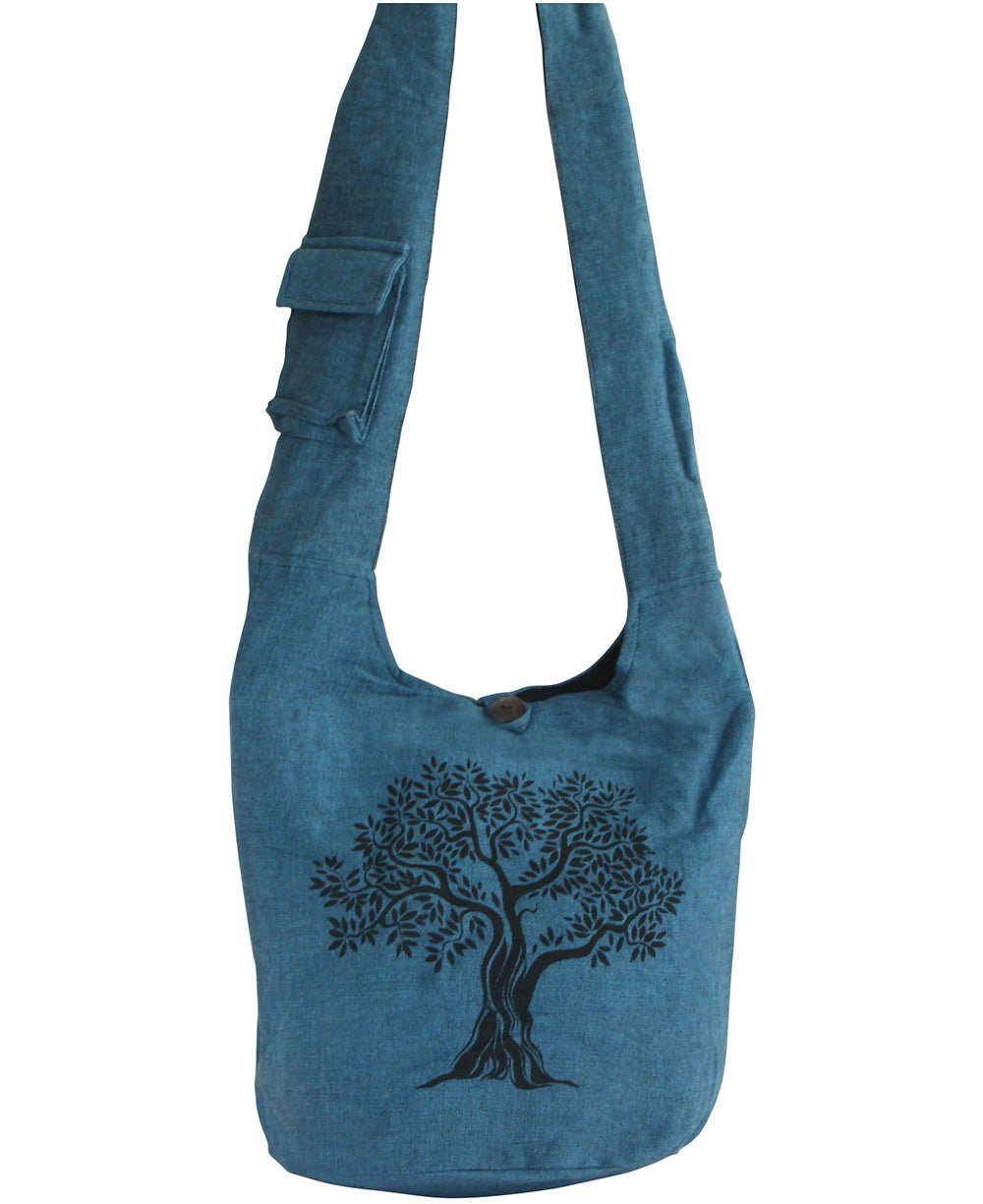 Tree of Life Cotton Messenger Bag, Nepal - Handbags Blue