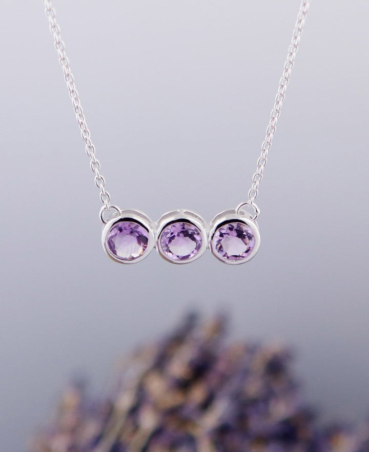 Triple Amethyst Gemstone Pendant Necklace -