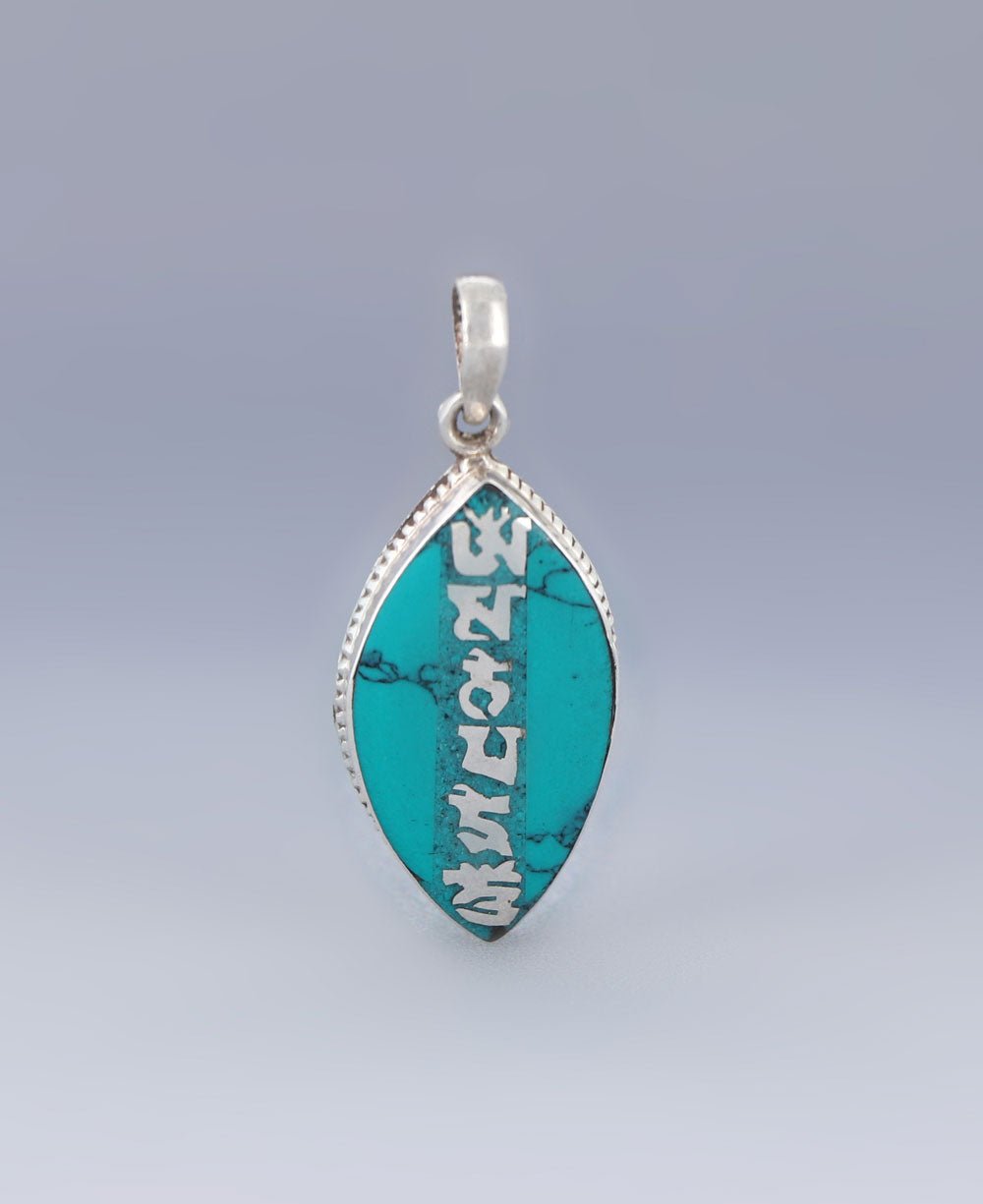 Turquoise Inlay Om Mani Padme Hum Sterling Silver Pendant - Charms & Pendants