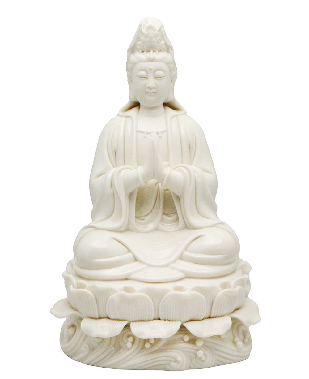 White Porcelain Praying Kuan Yin Statue, 10 Inches - Sculptures & Statues