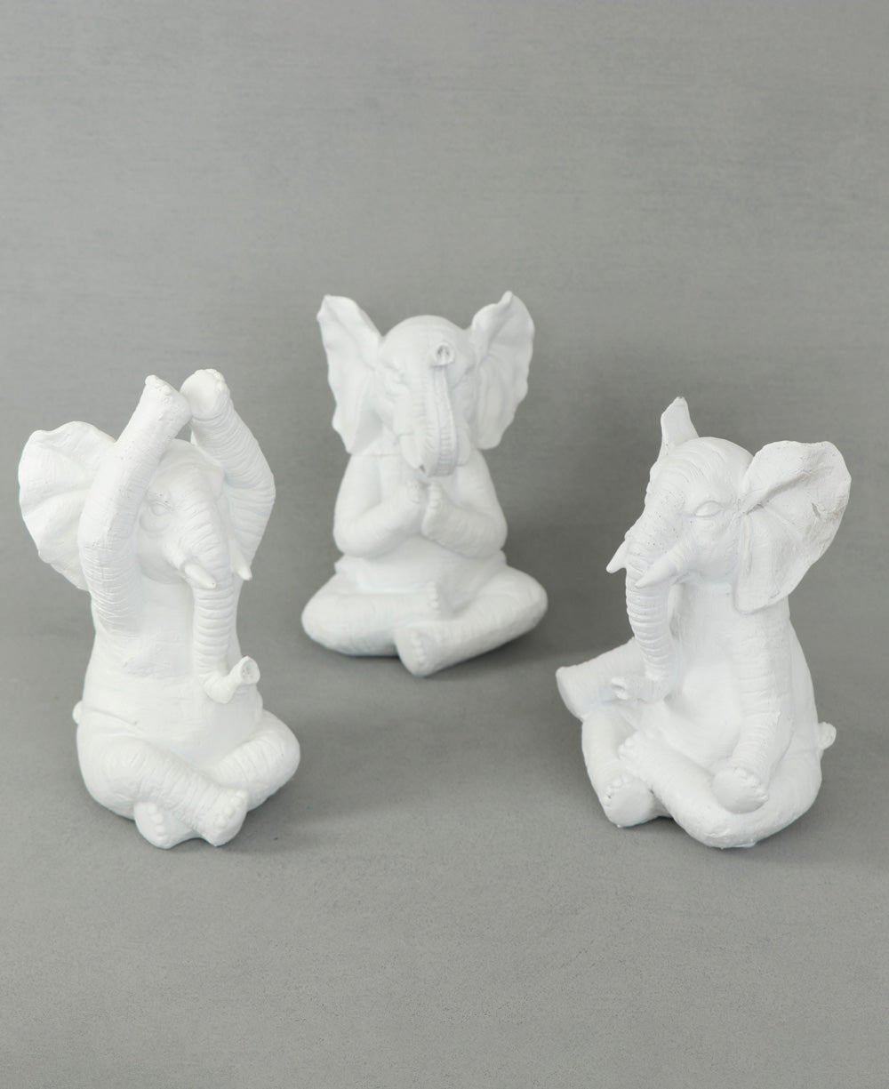 White Yoga Elephant Trio: Expressions of Peace - Sculptures & Statues