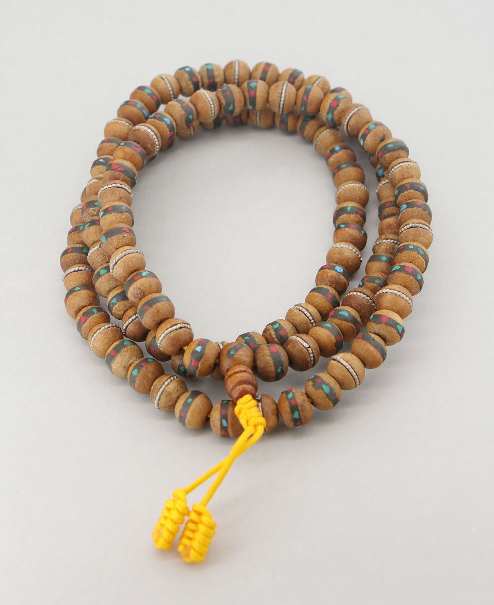 Wooden Mala with Coral and Turquoise Inlays, 108 Beads - Prayer Beads