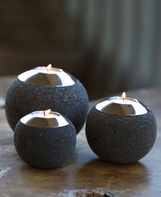 Zen Orb Stone Tealight Holders, Set of 3 - Candleholders
