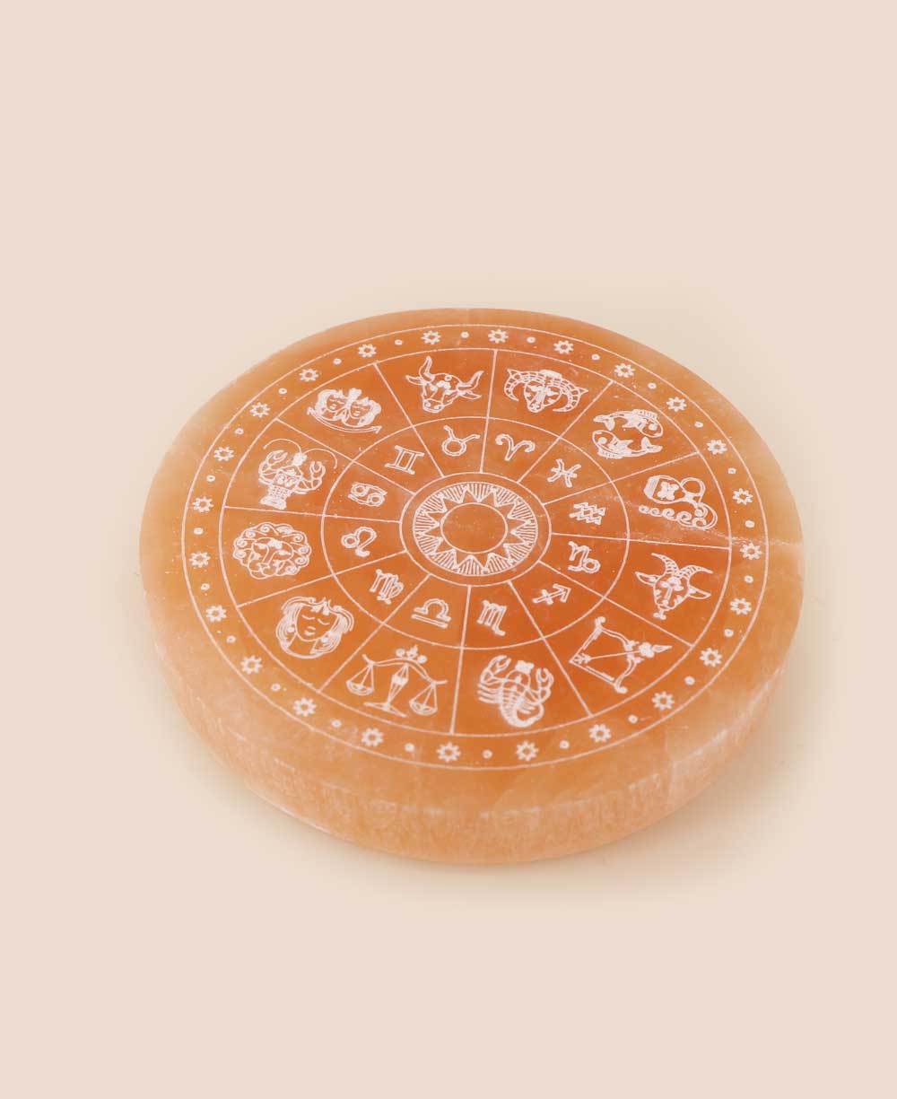 Zodiac Selenite Energy Cleansing Round Plate - Rocks & Fossils
