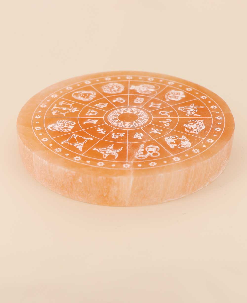 Zodiac Selenite Energy Cleansing Round Plate - Rocks & Fossils
